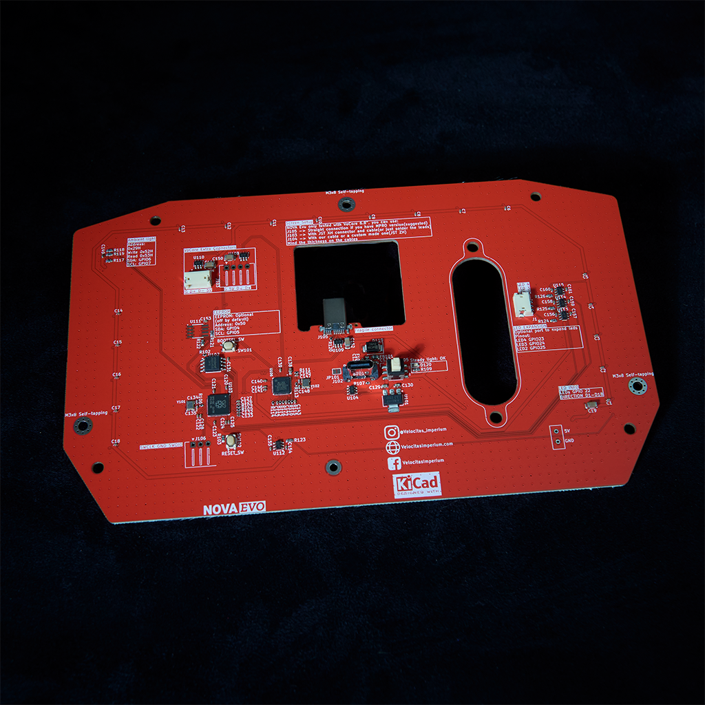 NOVA Evo DIY dashboard PCB displayed on a table.