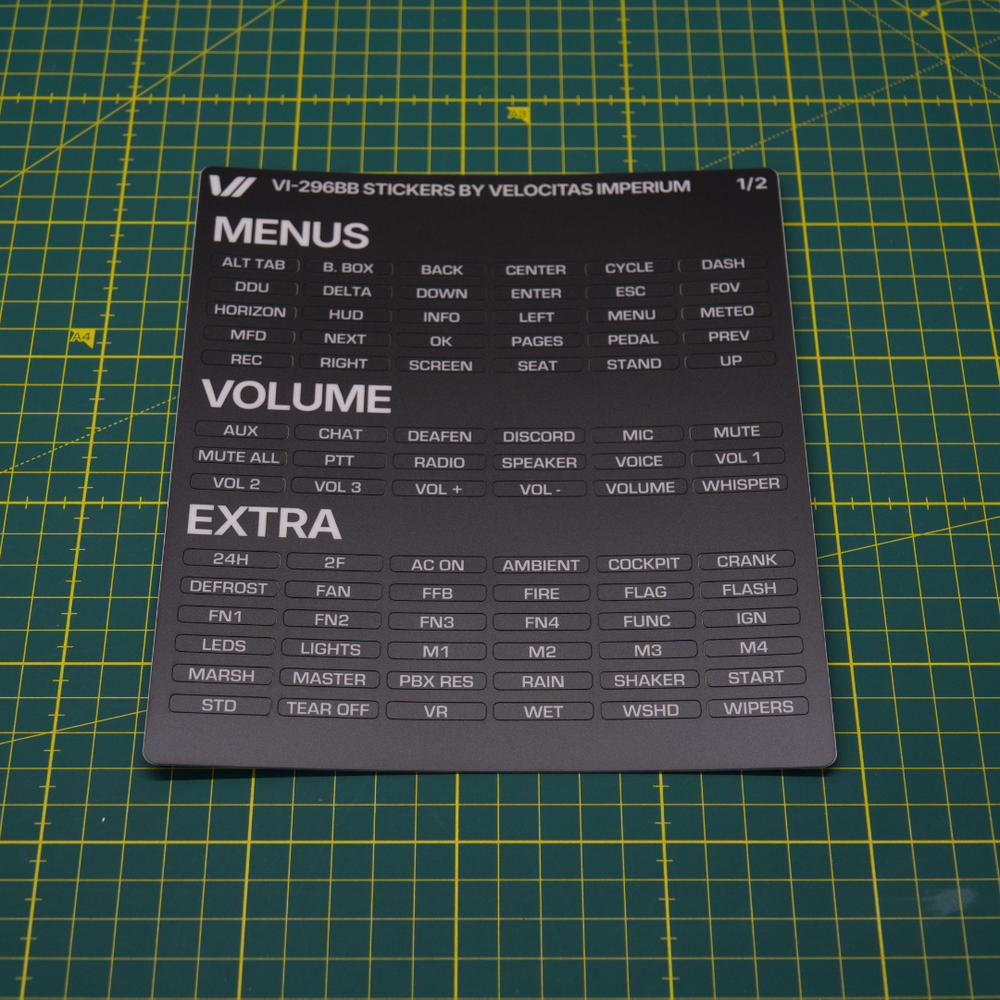 Velocitas Imperium VI-296BB sticker sheet with Menu Volume and Extra section labels for sim racing button box