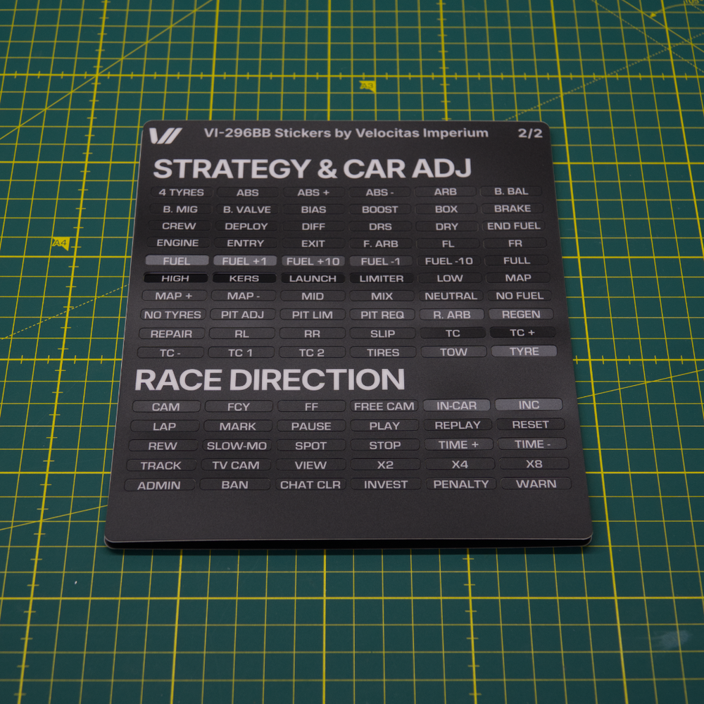 Velocitas Imperium VI-296BB sticker sheet with Strategy Car Adjustment and Race Direction labels for sim racing button box